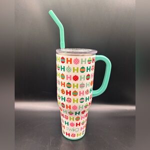 Swig Life HoHoHo Travel Mug with Straw Handle Ornaments Teal White Pink 32 oz